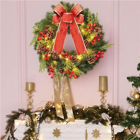 Christmas Wreath 16 inches , with Metal Hanger, Pre-Lit Artificial Christmas - Picture 3 of 7